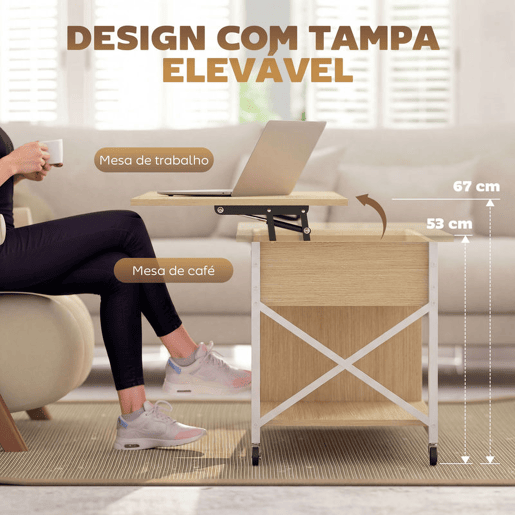 HOMCOM Mesa de Centro Elevatória com Rodas Mesa de Sala com Compartimento Oculto Prateleiras Abertas Mesa de Café para Sala de Jantar Escritório 105x50x67 cm Madeira e Branco