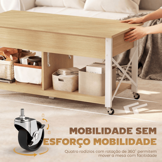 HOMCOM Mesa de Centro Elevatória com Rodas Mesa de Sala com Compartimento Oculto Prateleiras Abertas Mesa de Café para Sala de Jantar Escritório 105x50x67 cm Madeira e Branco