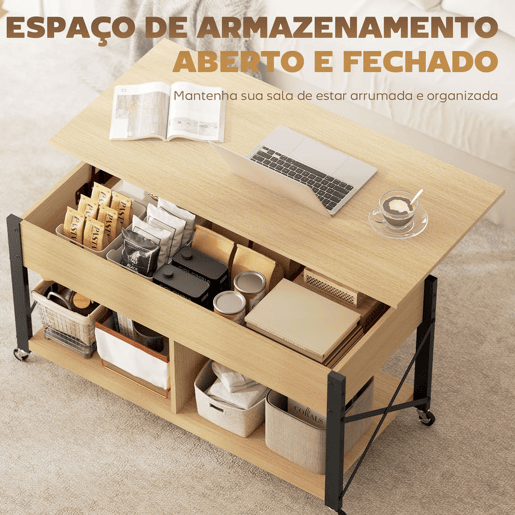 HOMCOM Mesa de Centro Elevatória com Rodas Mesa de Sala com Compartimento Oculto Prateleiras Abertas Mesa de Café para Sala de Jantar Escritório 105x50x67 cm Madeira e Branco