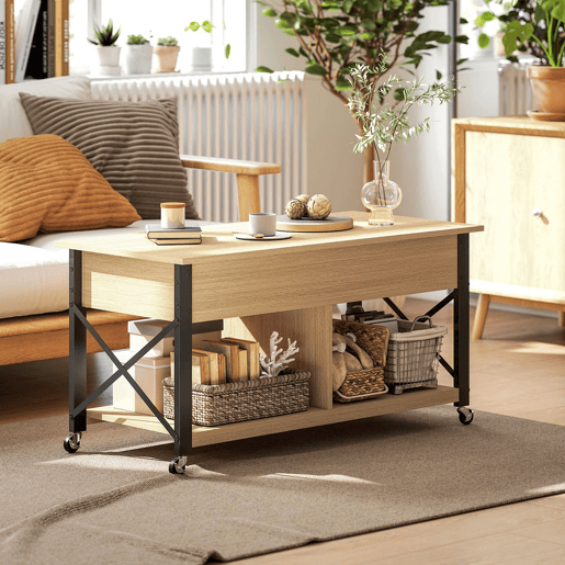 HOMCOM Mesa de Centro Elevatória com Rodas Mesa de Sala com Compartimento Oculto Prateleiras Abertas Mesa de Café para Sala de Jantar Escritório 105x50x67 cm Madeira e Branco