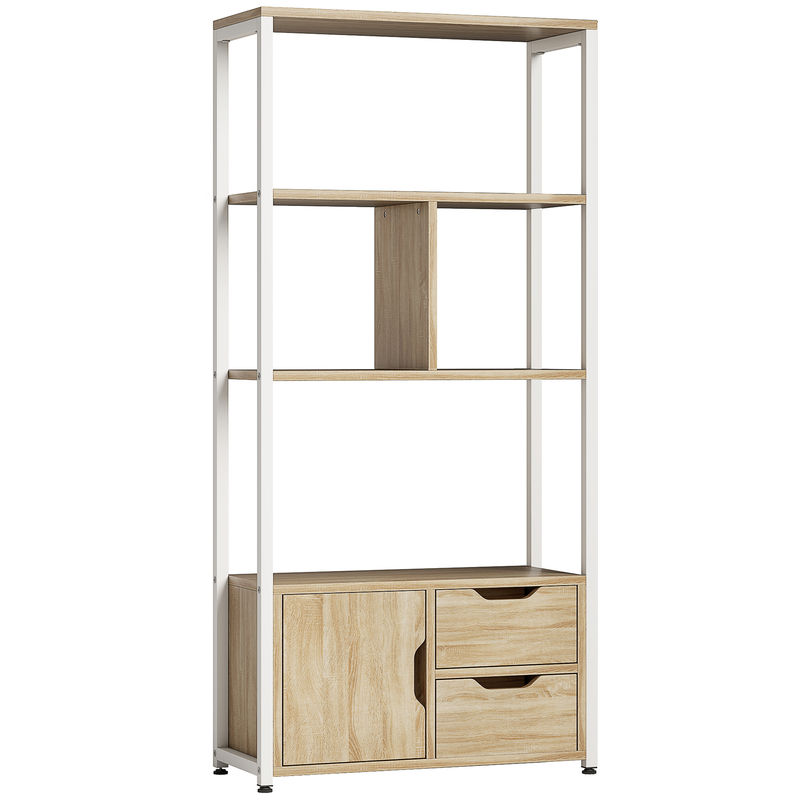 Homcom librería, estantería para libros con 4 estantes, 2 cajones y puerta, 58x24x122 cm, estantería industrial para salón, dormitorio, estudio, oficina, madera natural