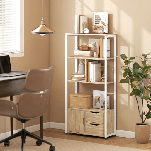 HOMCOM Estante para Livros com Armário e 2 Gavetas de Armazenamento Estante Decorativa Escritório Sala de Estar 58x24x122 cm Madeira e Branco