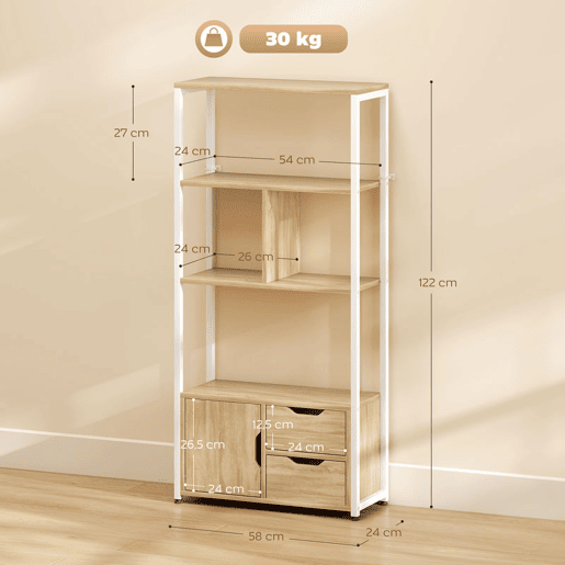 HOMCOM Estante para Livros com Armário e 2 Gavetas de Armazenamento Estante Decorativa Escritório Sala de Estar 58x24x122 cm Madeira e Branco