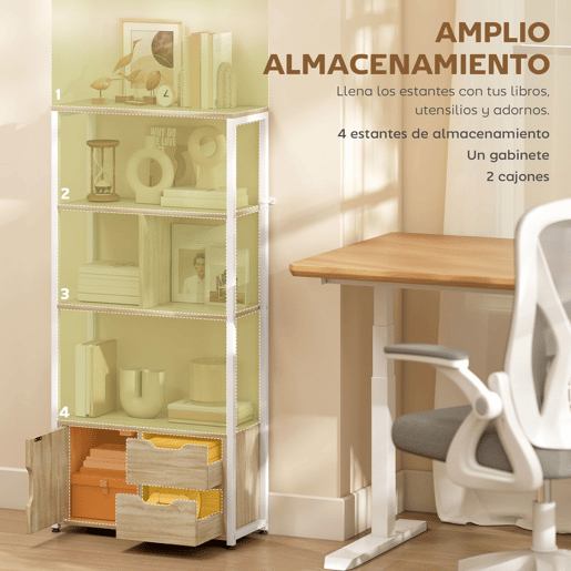 HOMCOM Estante para Livros com Armário e 2 Gavetas de Armazenamento Estante Decorativa Escritório Sala de Estar 58x24x122 cm Madeira e Branco