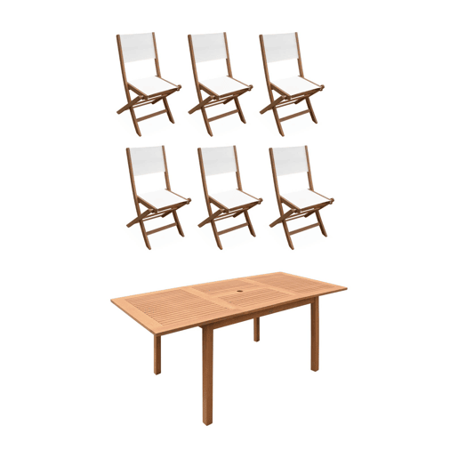 Mesa de jardim extensível em madeira, 6 cadeiras, Mesa Almeria 180 cm + 6 cadeiras, Madeira, 180x80x75 cm