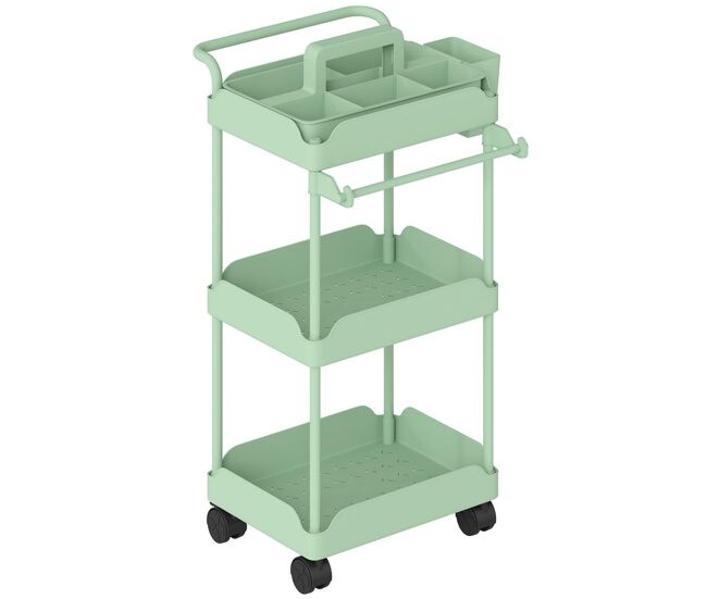 Homcom carrito auxiliar con ruedas de 3 niveles, carrito de cocina con cestas extraíbles, ruedas con freno, soporte para toallas y marco de metal, para comedor, salón, baño, oficina, verde