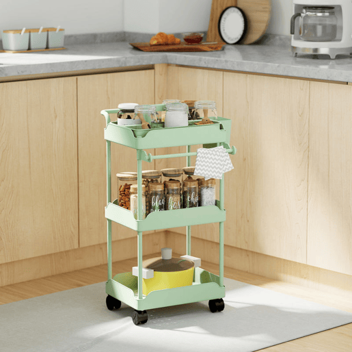 HOMCOM Carrinho Auxiliar com Rodas de 3 Níveis, Carrinho de Cozinha com Cestos Removíveis, Rodas com Travão, Suporte para Toalhas e Estrutura de Metal, para Sala de Jantar, Sala de Estar, Casa de Banho, Escritório, Verde