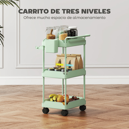 HOMCOM Carrinho Auxiliar com Rodas de 3 Níveis, Carrinho de Cozinha com Cestos Removíveis, Rodas com Travão, Suporte para Toalhas e Estrutura de Metal, para Sala de Jantar, Sala de Estar, Casa de Banho, Escritório, Verde