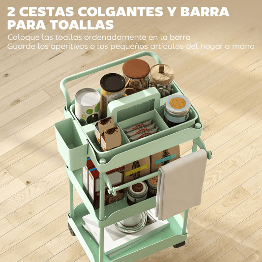 HOMCOM Carrinho Auxiliar com Rodas de 3 Níveis, Carrinho de Cozinha com Cestos Removíveis, Rodas com Travão, Suporte para Toalhas e Estrutura de Metal, para Sala de Jantar, Sala de Estar, Casa de Banho, Escritório, Verde