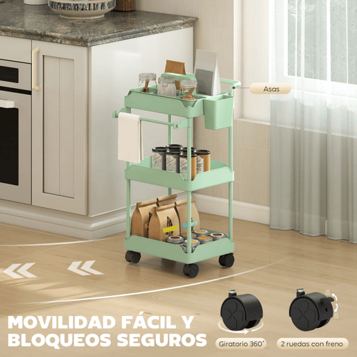 HOMCOM Carrinho Auxiliar com Rodas de 3 Níveis, Carrinho de Cozinha com Cestos Removíveis, Rodas com Travão, Suporte para Toalhas e Estrutura de Metal, para Sala de Jantar, Sala de Estar, Casa de Banho, Escritório, Verde