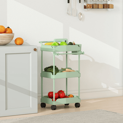 HOMCOM Carrinho Auxiliar com Rodas de 3 Níveis, Carrinho de Cozinha com Cestos Removíveis, Rodas com Travão, Suporte para Toalhas e Estrutura de Metal, para Sala de Jantar, Sala de Estar, Casa de Banho, Escritório, Verde