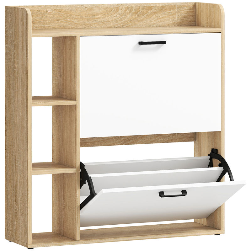 Homcom zapatero estrecho 2 puertas, zapatero entrada recibidor con 3 estantes laterales y estantes ajustables, para 15 pares de zapatos, para pasillo, espacio reducido, 83x24x90,5 cm, natural y blanco