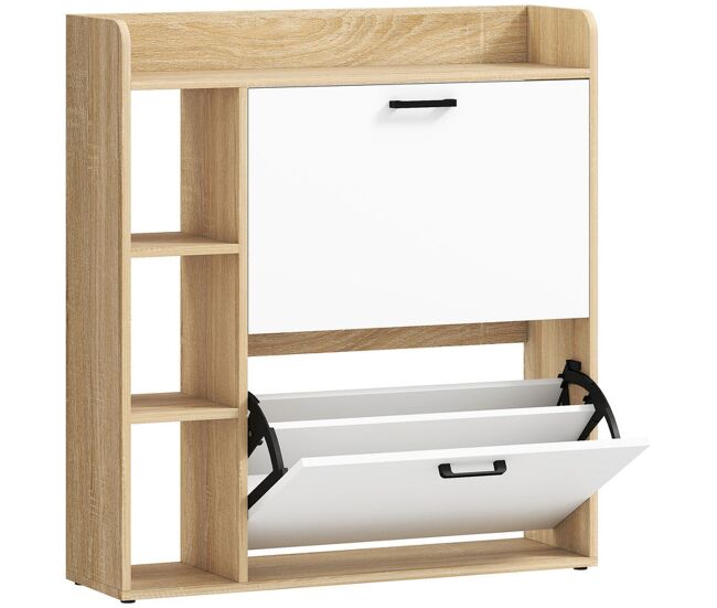 Homcom zapatero estrecho 2 puertas, zapatero entrada recibidor con 3 estantes laterales y estantes ajustables, para 15 pares de zapatos, para pasillo, espacio reducido, 83x24x90,5 cm, natural y blanco