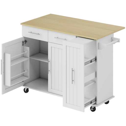 HOMCOM Ilha de Cozinha com Rodas, Tampo Dobrável, Carrinho de Cozinha com 2 Portas de Fecho Suave, Tabuleiro Removível de 3 Níveis, 2 Gavetas, Porta-Toalhas, Porta-Especiarias, Branco HOMCOM Ilha de Cozinha com Rodas, Tampo Dobrável, Carrinho de Cozinha com 2 Portas de Fecho Suave, Tabuleiro Removível de 3 Níveis, 2 Gavetas, Porta-Toalhas, Porta-Especiarias, Branco