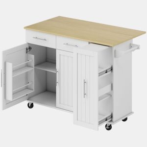 HOMCOM Ilha de Cozinha com Rodas, Tampo Dobrável, Carrinho de Cozinha com 2 Portas de Fecho Suave, Tabuleiro Removível de 3 Níveis, 2 Gavetas, Porta-Toalhas, Porta-Especiarias, Branco