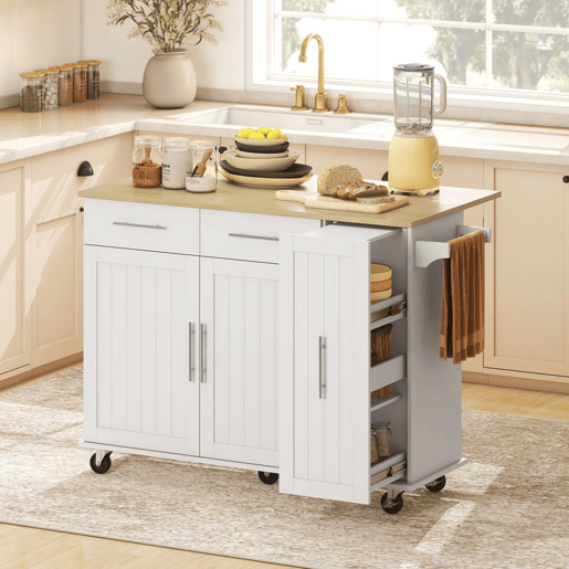 HOMCOM Ilha de Cozinha com Rodas, Tampo Dobrável, Carrinho de Cozinha com 2 Portas de Fecho Suave, Tabuleiro Removível de 3 Níveis, 2 Gavetas, Porta-Toalhas, Porta-Especiarias, Branco HOMCOM Ilha de Cozinha com Rodas, Tampo Dobrável, Carrinho de Cozinha com 2 Portas de Fecho Suave, Tabuleiro Removível de 3 Níveis, 2 Gavetas, Porta-Toalhas, Porta-Especiarias, Branco