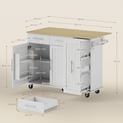 HOMCOM Ilha de Cozinha com Rodas, Tampo Dobrável, Carrinho de Cozinha com 2 Portas de Fecho Suave, Tabuleiro Removível de 3 Níveis, 2 Gavetas, Porta-Toalhas, Porta-Especiarias, Branco HOMCOM Ilha de Cozinha com Rodas, Tampo Dobrável, Carrinho de Cozinha com 2 Portas de Fecho Suave, Tabuleiro Removível de 3 Níveis, 2 Gavetas, Porta-Toalhas, Porta-Especiarias, Branco