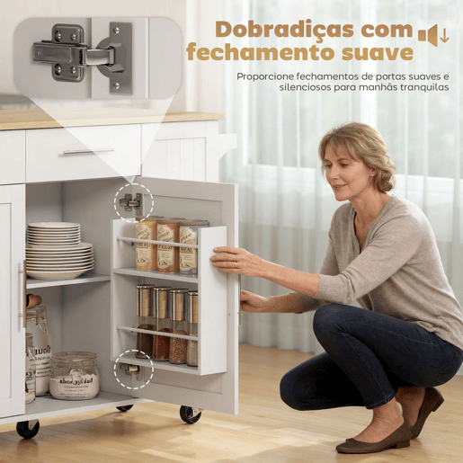 HOMCOM Ilha de Cozinha com Rodas, Tampo Dobrável, Carrinho de Cozinha com 2 Portas de Fecho Suave, Tabuleiro Removível de 3 Níveis, 2 Gavetas, Porta-Toalhas, Porta-Especiarias, Branco HOMCOM Ilha de Cozinha com Rodas, Tampo Dobrável, Carrinho de Cozinha com 2 Portas de Fecho Suave, Tabuleiro Removível de 3 Níveis, 2 Gavetas, Porta-Toalhas, Porta-Especiarias, Branco