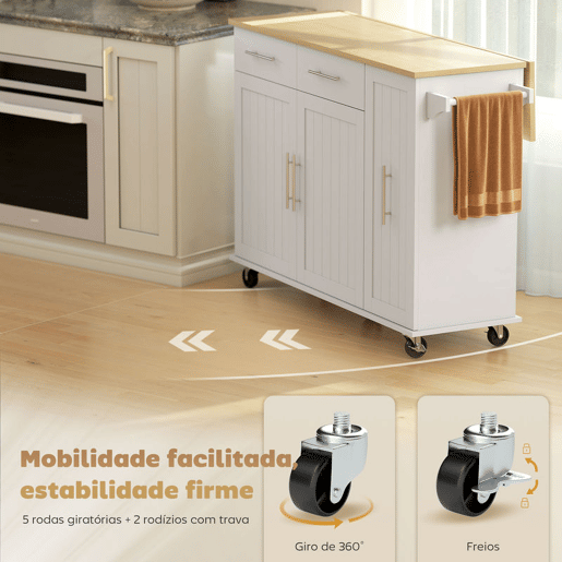 HOMCOM Ilha de Cozinha com Rodas, Tampo Dobrável, Carrinho de Cozinha com 2 Portas de Fecho Suave, Tabuleiro Removível de 3 Níveis, 2 Gavetas, Porta-Toalhas, Porta-Especiarias, Branco HOMCOM Ilha de Cozinha com Rodas, Tampo Dobrável, Carrinho de Cozinha com 2 Portas de Fecho Suave, Tabuleiro Removível de 3 Níveis, 2 Gavetas, Porta-Toalhas, Porta-Especiarias, Branco