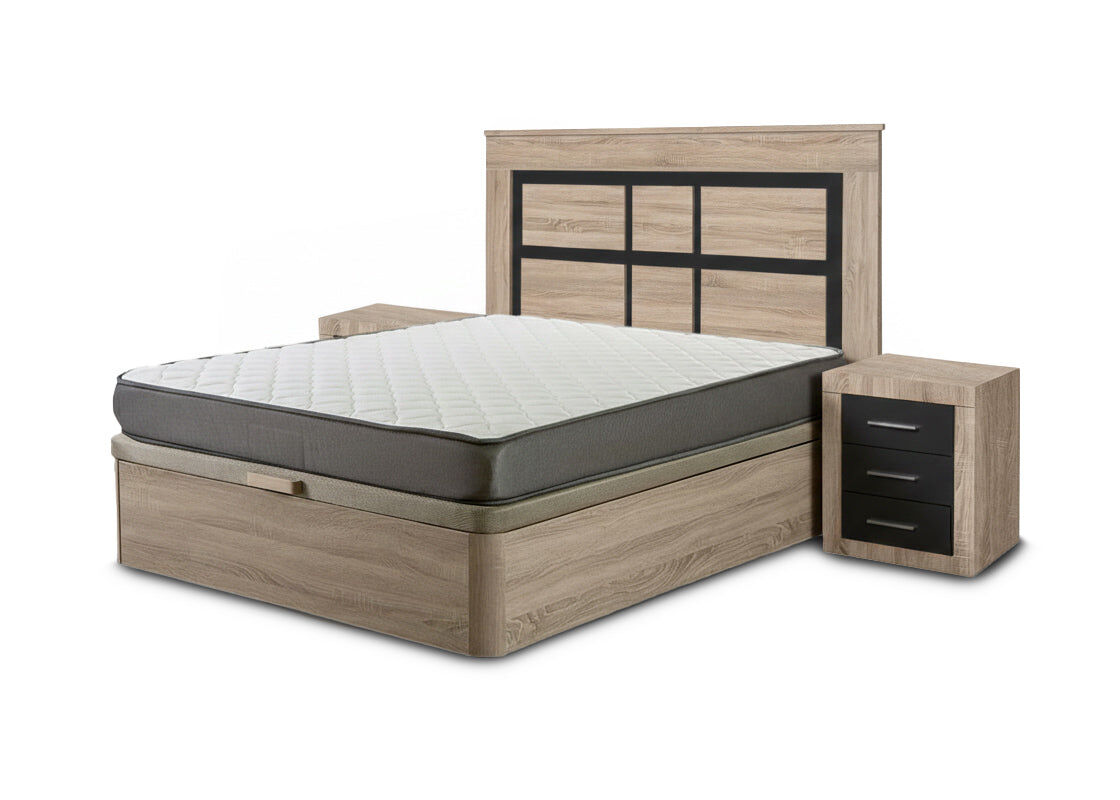 Pack cama canape, cambria, 135cm + colchón + cabecero y 2 mesitas de noche, cambria y grafito