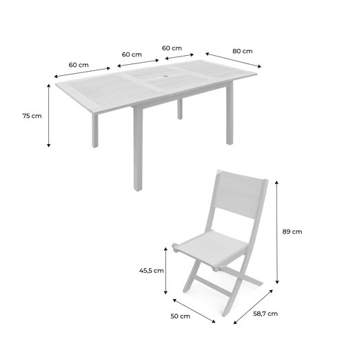 Mesa de jardim extensível em madeira, 6 cadeiras, Mesa Almeria 180 cm + 6 cadeiras, Madeira, 180x80x75 cm