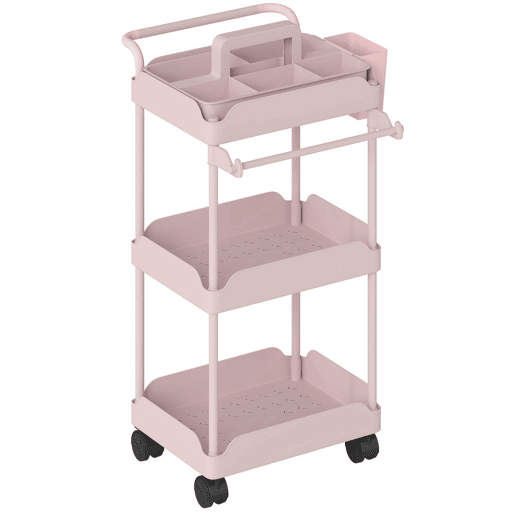 HOMCOM Carrinho Auxiliar com Rodas de 3 Níveis, Carrinho de Cozinha com Cestas Removíveis, Rodas com Travão, Suporte para Toalhas e Estrutura de Metal, para Sala de Jantar, Sala de Estar, Casa de Banho, Escritório, Cor-de-Rosa
