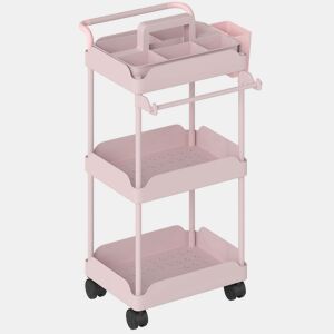 HOMCOM Carrinho Auxiliar com Rodas de 3 Níveis, Carrinho de Cozinha com Cestas Removíveis, Rodas com Travão, Suporte para Toalhas e Estrutura de Metal, para Sala de Jantar, Sala de Estar, Casa de Banho, Escritório, Cor-de-Rosa