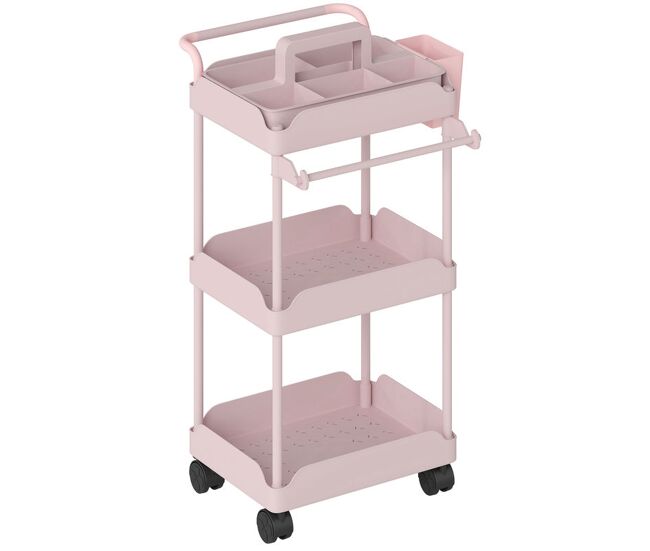 Homcom carrito auxiliar con ruedas de 3 niveles, carrito de cocina con cestas extraíbles, ruedas con freno, soporte para toallas y marco de metal,