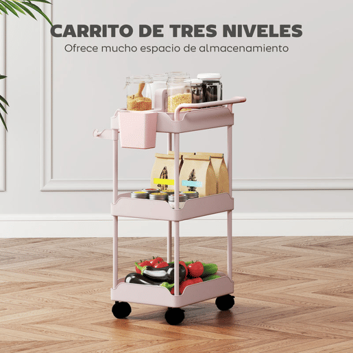 HOMCOM Carrinho Auxiliar com Rodas de 3 Níveis, Carrinho de Cozinha com Cestas Removíveis, Rodas com Travão, Suporte para Toalhas e Estrutura de Metal, para Sala de Jantar, Sala de Estar, Casa de Banho, Escritório, Cor-de-Rosa