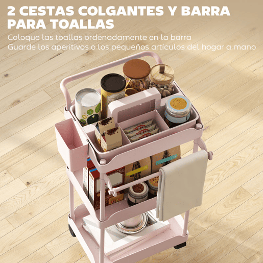 HOMCOM Carrinho Auxiliar com Rodas de 3 Níveis, Carrinho de Cozinha com Cestas Removíveis, Rodas com Travão, Suporte para Toalhas e Estrutura de Metal, para Sala de Jantar, Sala de Estar, Casa de Banho, Escritório, Cor-de-Rosa