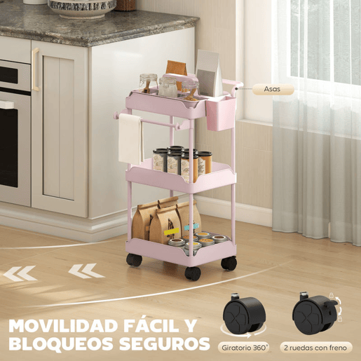 HOMCOM Carrinho Auxiliar com Rodas de 3 Níveis, Carrinho de Cozinha com Cestas Removíveis, Rodas com Travão, Suporte para Toalhas e Estrutura de Metal, para Sala de Jantar, Sala de Estar, Casa de Banho, Escritório, Cor-de-Rosa