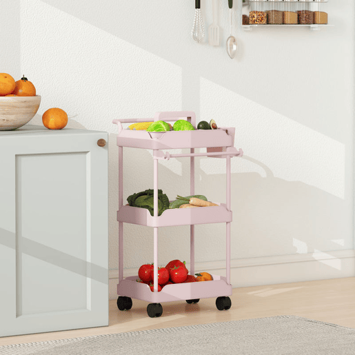HOMCOM Carrinho Auxiliar com Rodas de 3 Níveis, Carrinho de Cozinha com Cestas Removíveis, Rodas com Travão, Suporte para Toalhas e Estrutura de Metal, para Sala de Jantar, Sala de Estar, Casa de Banho, Escritório, Cor-de-Rosa