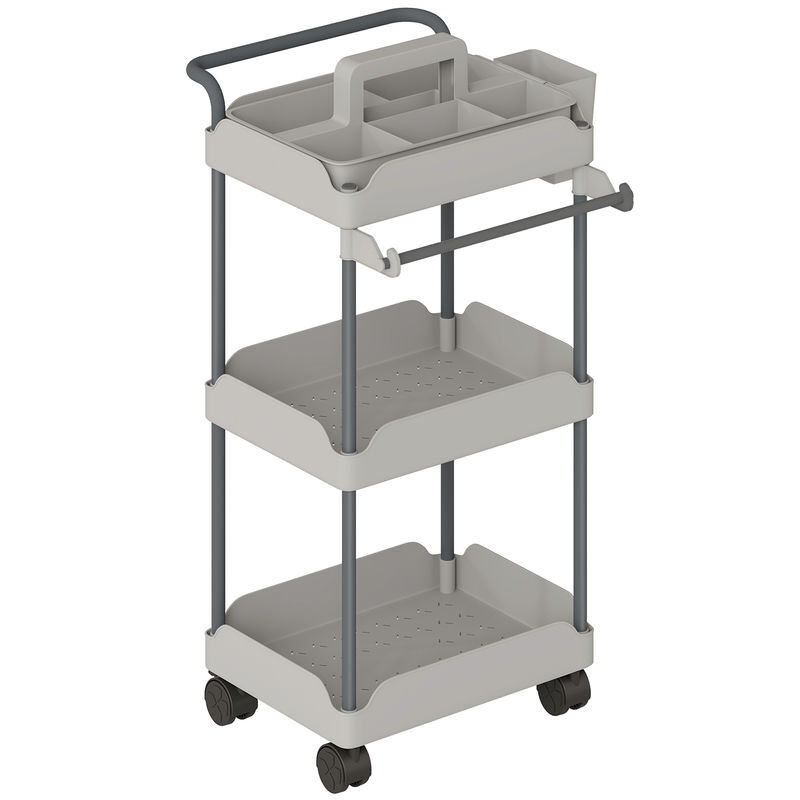 Homcom carrito auxiliar con ruedas de 3 niveles, carrito de cocina con cestas extraíbles, ruedas con freno, soporte para toallas y marco de metal,