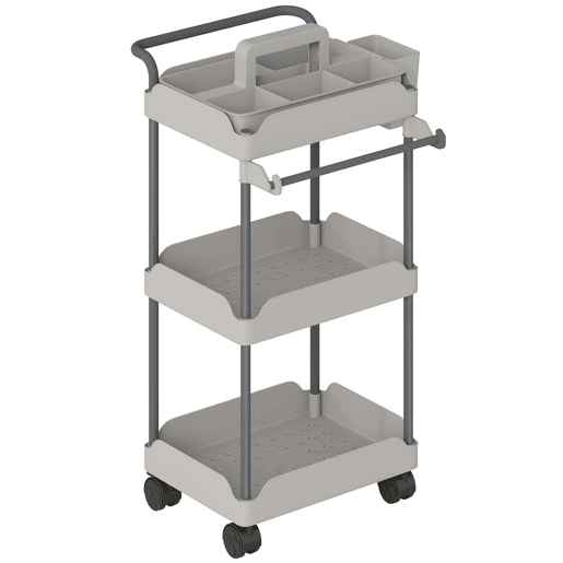 HOMCOM Carrinho Auxiliar com Rodas de 3 Níveis, Carrinho de Cozinha com Cestas Removíveis, Rodas com Travão, Suporte para Toalhas e Estrutura de Metal, para Sala de Jantar, Sala de Estar, Casa de Banho, Escritório, Cinzento