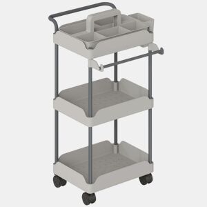HOMCOM Carrinho Auxiliar com Rodas de 3 Níveis, Carrinho de Cozinha com Cestas Removíveis, Rodas com Travão, Suporte para Toalhas e Estrutura de Metal, para Sala de Jantar, Sala de Estar, Casa de Banho, Escritório, Cinzento