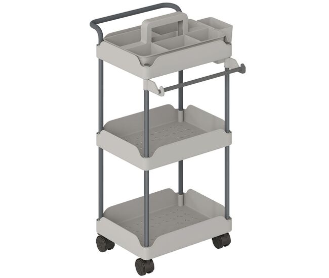 Homcom carrito auxiliar con ruedas de 3 niveles, carrito de cocina con cestas extraíbles, ruedas con freno, soporte para toallas y marco de metal,