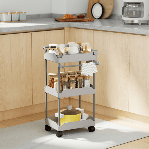 HOMCOM Carrinho Auxiliar com Rodas de 3 Níveis, Carrinho de Cozinha com Cestas Removíveis, Rodas com Travão, Suporte para Toalhas e Estrutura de Metal, para Sala de Jantar, Sala de Estar, Casa de Banho, Escritório, Cinzento