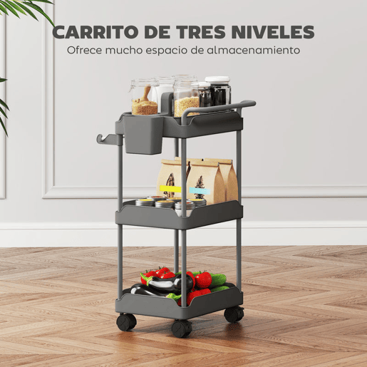 HOMCOM Carrinho Auxiliar com Rodas de 3 Níveis, Carrinho de Cozinha com Cestas Removíveis, Rodas com Travão, Suporte para Toalhas e Estrutura de Metal, para Sala de Jantar, Sala de Estar, Casa de Banho, Escritório, Cinzento