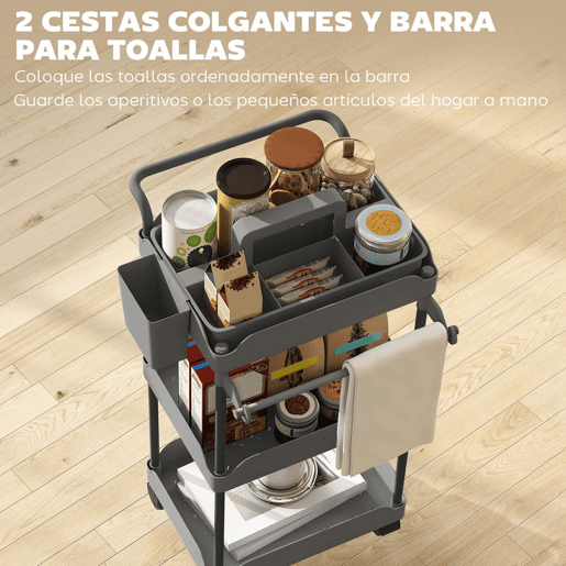 HOMCOM Carrinho Auxiliar com Rodas de 3 Níveis, Carrinho de Cozinha com Cestas Removíveis, Rodas com Travão, Suporte para Toalhas e Estrutura de Metal, para Sala de Jantar, Sala de Estar, Casa de Banho, Escritório, Cinzento