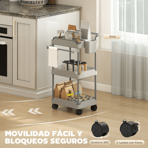 HOMCOM Carrinho Auxiliar com Rodas de 3 Níveis, Carrinho de Cozinha com Cestas Removíveis, Rodas com Travão, Suporte para Toalhas e Estrutura de Metal, para Sala de Jantar, Sala de Estar, Casa de Banho, Escritório, Cinzento
