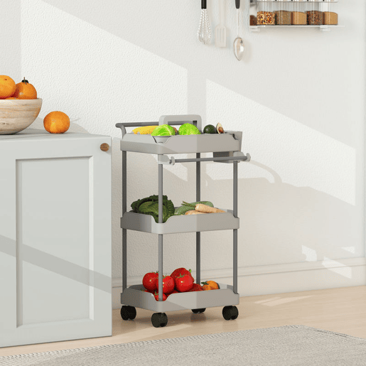 HOMCOM Carrinho Auxiliar com Rodas de 3 Níveis, Carrinho de Cozinha com Cestas Removíveis, Rodas com Travão, Suporte para Toalhas e Estrutura de Metal, para Sala de Jantar, Sala de Estar, Casa de Banho, Escritório, Cinzento