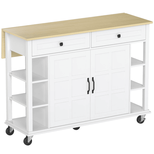 HOMCOM Ilha de Cozinha com Rodas Bancada Dobrável Carrinho de Cozinha com 2 Portas com Fecho Suave 2 Gavetas 6 Prateleiras Abertas 120x65x89 cm Branco