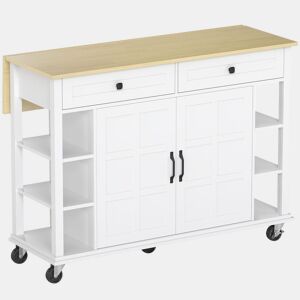 HOMCOM Ilha de Cozinha com Rodas Bancada Dobrável Carrinho de Cozinha com 2 Portas com Fecho Suave 2 Gavetas 6 Prateleiras Abertas 120x65x89 cm Branco