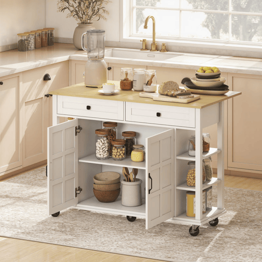 HOMCOM Ilha de Cozinha com Rodas Bancada Dobrável Carrinho de Cozinha com 2 Portas com Fecho Suave 2 Gavetas 6 Prateleiras Abertas 120x65x89 cm Branco
