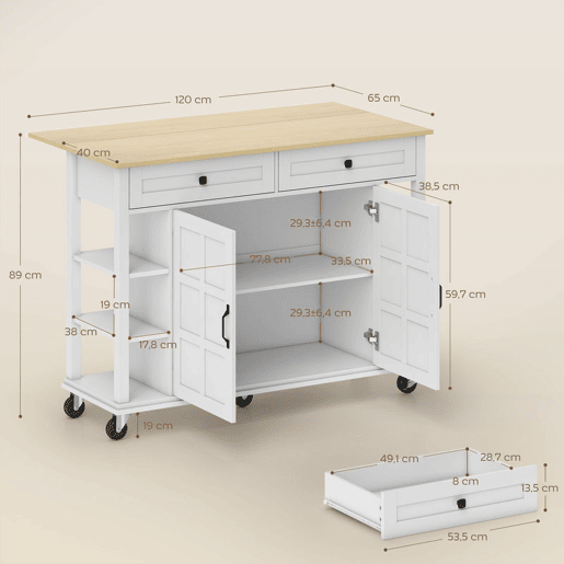 HOMCOM Ilha de Cozinha com Rodas Bancada Dobrável Carrinho de Cozinha com 2 Portas com Fecho Suave 2 Gavetas 6 Prateleiras Abertas 120x65x89 cm Branco