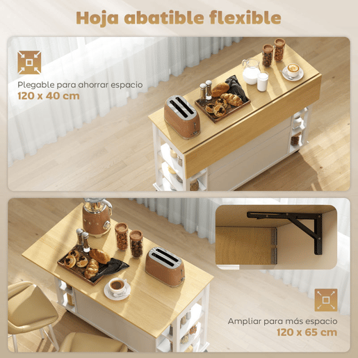 HOMCOM Ilha de Cozinha com Rodas Bancada Dobrável Carrinho de Cozinha com 2 Portas com Fecho Suave 2 Gavetas 6 Prateleiras Abertas 120x65x89 cm Branco