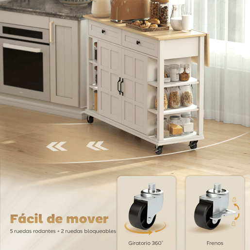 HOMCOM Ilha de Cozinha com Rodas Bancada Dobrável Carrinho de Cozinha com 2 Portas com Fecho Suave 2 Gavetas 6 Prateleiras Abertas 120x65x89 cm Branco