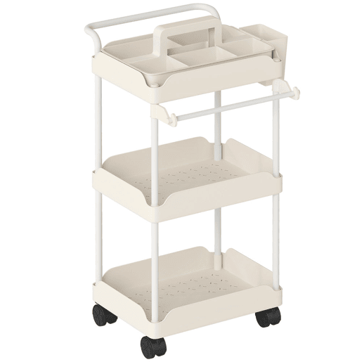 HOMCOM Carrinho Auxiliar com Rodas de 3 Níveis, Carrinho de Cozinha com Cestos Removíveis, Rodas com Travão, Suporte para Toalhas e Estrutura de Metal, para Sala de Jantar, Sala de Estar, Casa de Banho e Escritório, Branco