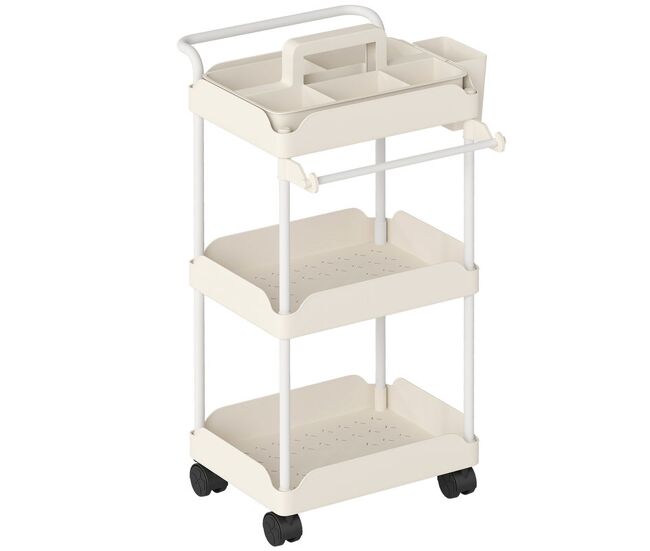Homcom carrito auxiliar con ruedas de 3 niveles, carrito de cocina con cestas extraíbles, ruedas con freno, soporte para toallas y marco de metal,