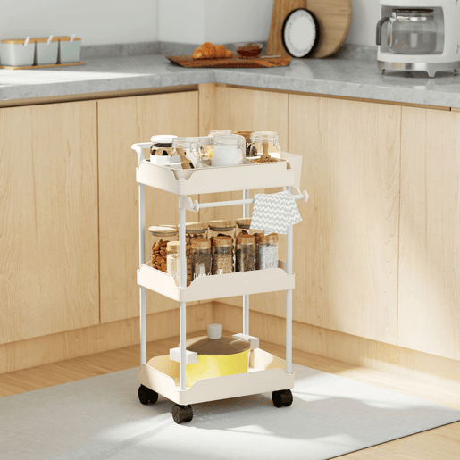 HOMCOM Carrinho Auxiliar com Rodas de 3 Níveis, Carrinho de Cozinha com Cestos Removíveis, Rodas com Travão, Suporte para Toalhas e Estrutura de Metal, para Sala de Jantar, Sala de Estar, Casa de Banho e Escritório, Branco